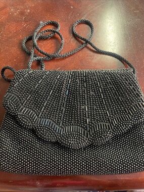 Black Beaded Scallop Flap Wristlet Crossbody